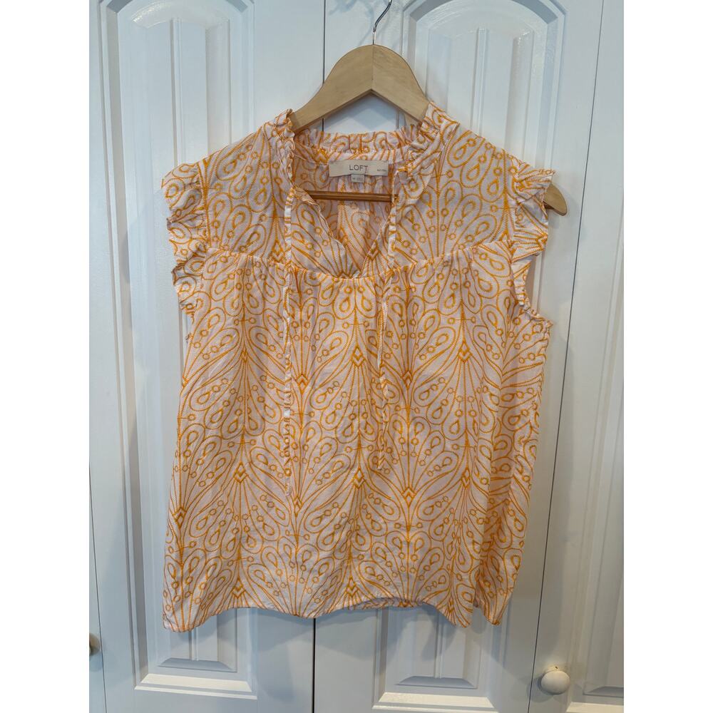 Loft Orange And White Eyelet Crochet Blouse Size Medium Petite